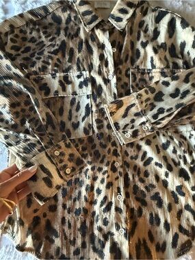 Leopard Print Light Sequin Button-Up Shirt in Beige and Black Cheetah